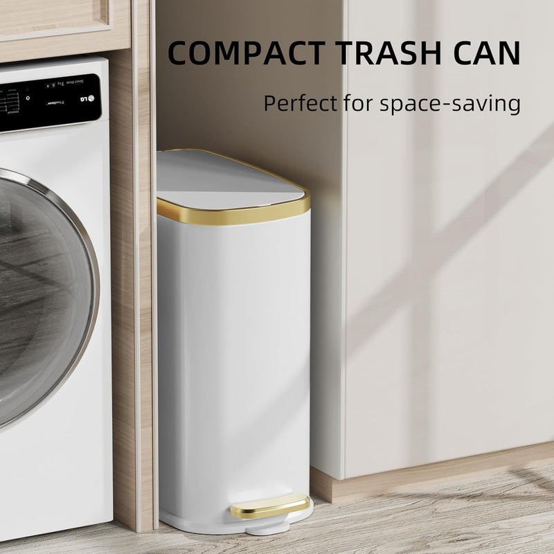 KUK Small Bathroom Trash Can with Lid Soft Close, Step Pedal, 2.6 Gal Stainless Steel Garbage Can with Removable Inner Bucket, Anti-Fingerprint Wastebasket for Office, Bedroom, Toilet (White) - Image 3
